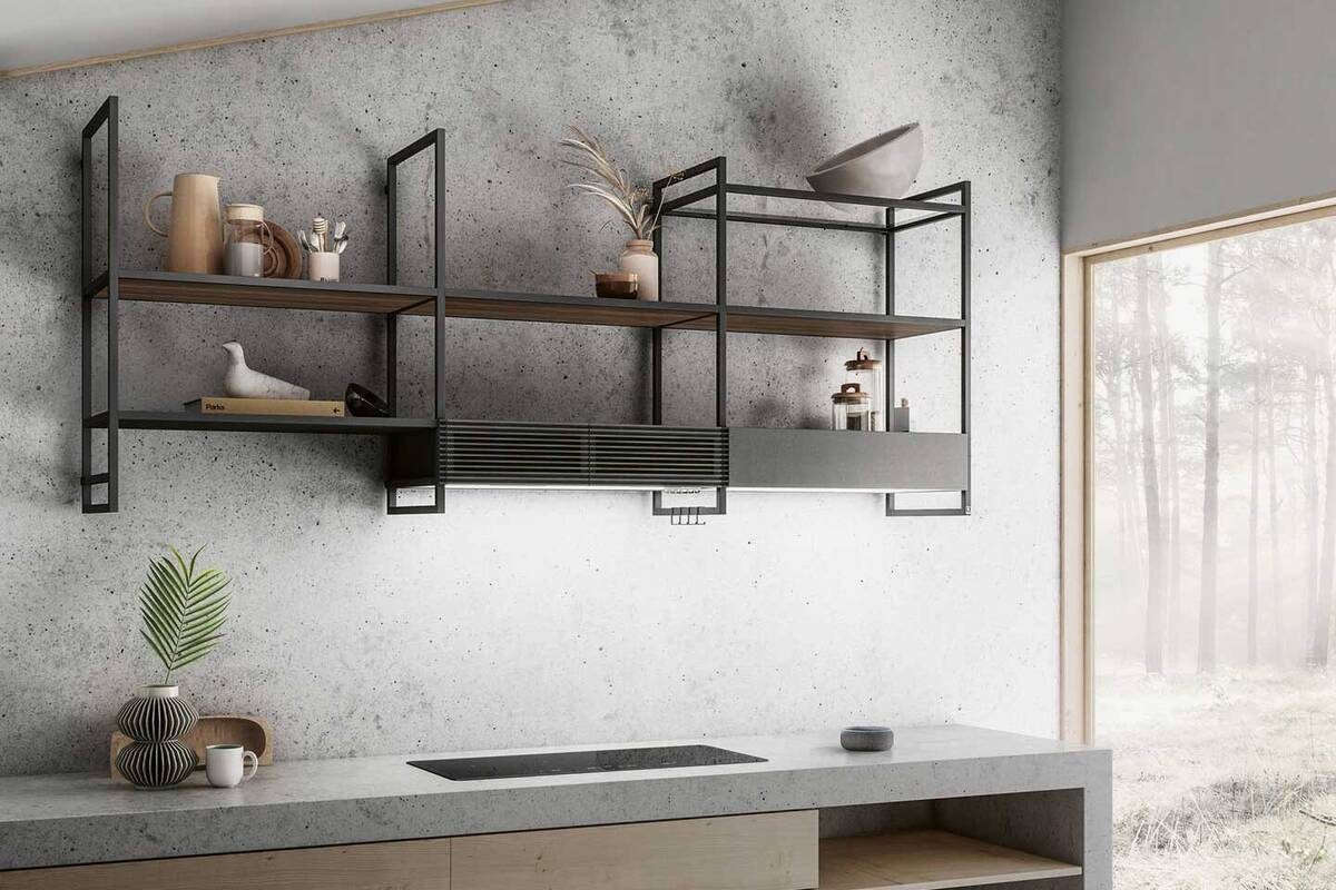 Durch seine modulare und individuell gestaltbare Struktur verleiht «Open Suite» von Elica dem Raum Charakter. Ausgehend von zwei Grundkonfigurationen kann zusätzliches Zubehör integriert werden. Adago Home GmbH.